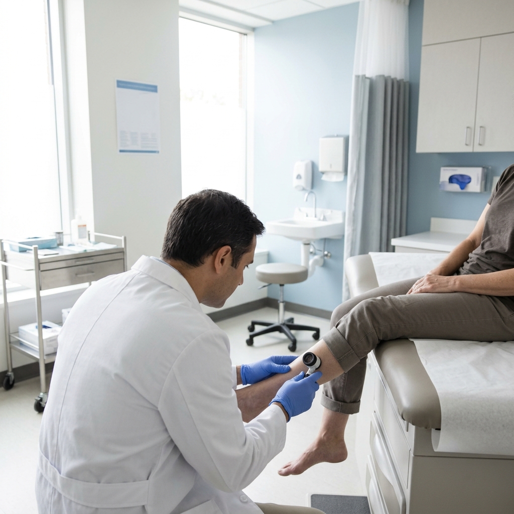 Lekarz w białym fartuchu bada nogę pacjenta dermatoskopem w jasnym gabinecie medycznym.