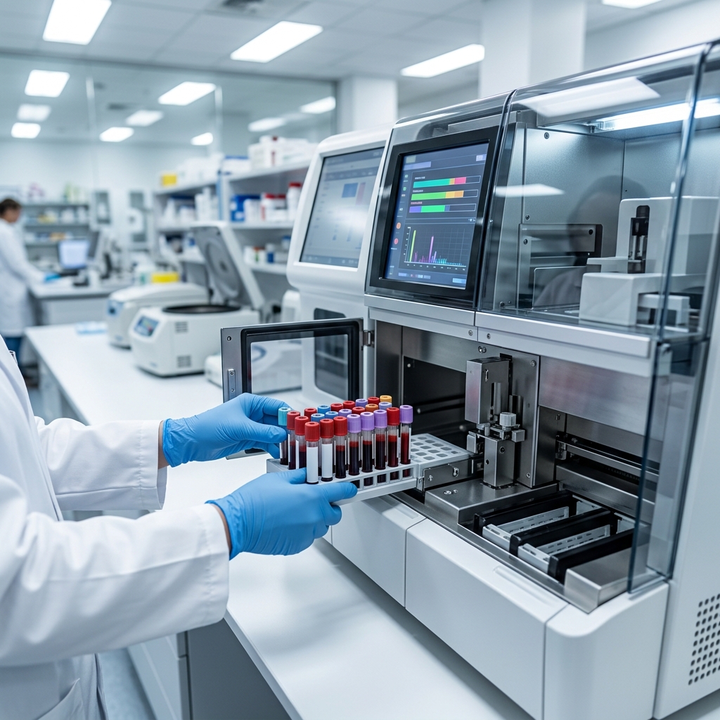 Dłoń w rękawiczce wkłada probówki z krwią do automatycznego analizatora laboratoryjnego w nowoczesnym laboratorium.