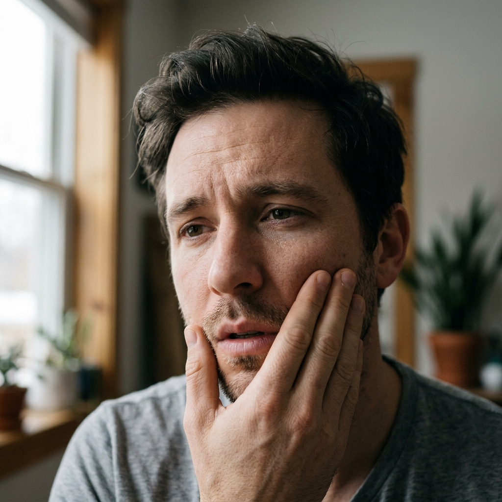 Mężczyzna z zatroskaną miną dotyka dłonią policzka, siedząc w pomieszczeniu przy oknie.