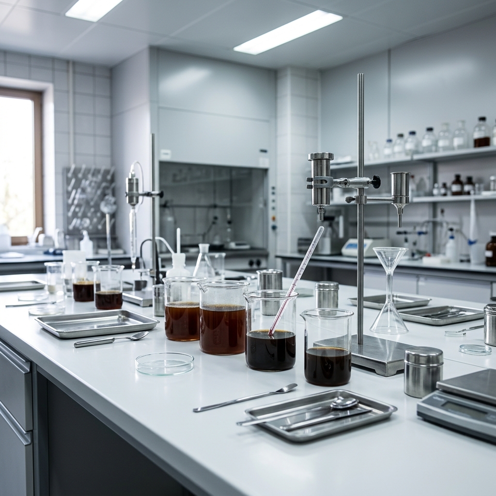 Laboratorium z zlewkami ciemnego płynu, termometrem i statywem na białym blacie wśród sprzętu badawczego.