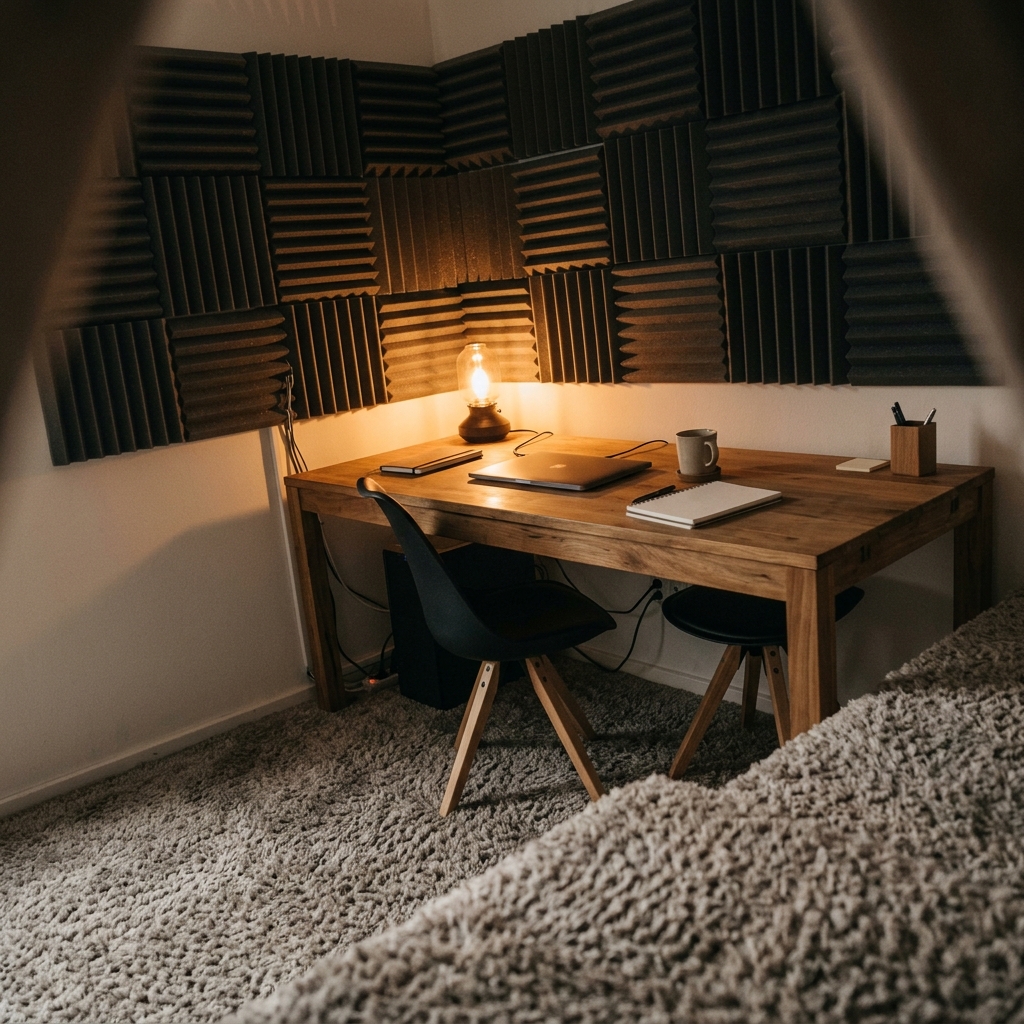 Drewniane biurko z laptopem i lampą w rogu pokoju z czarnymi panelami akustycznymi na ścianie.