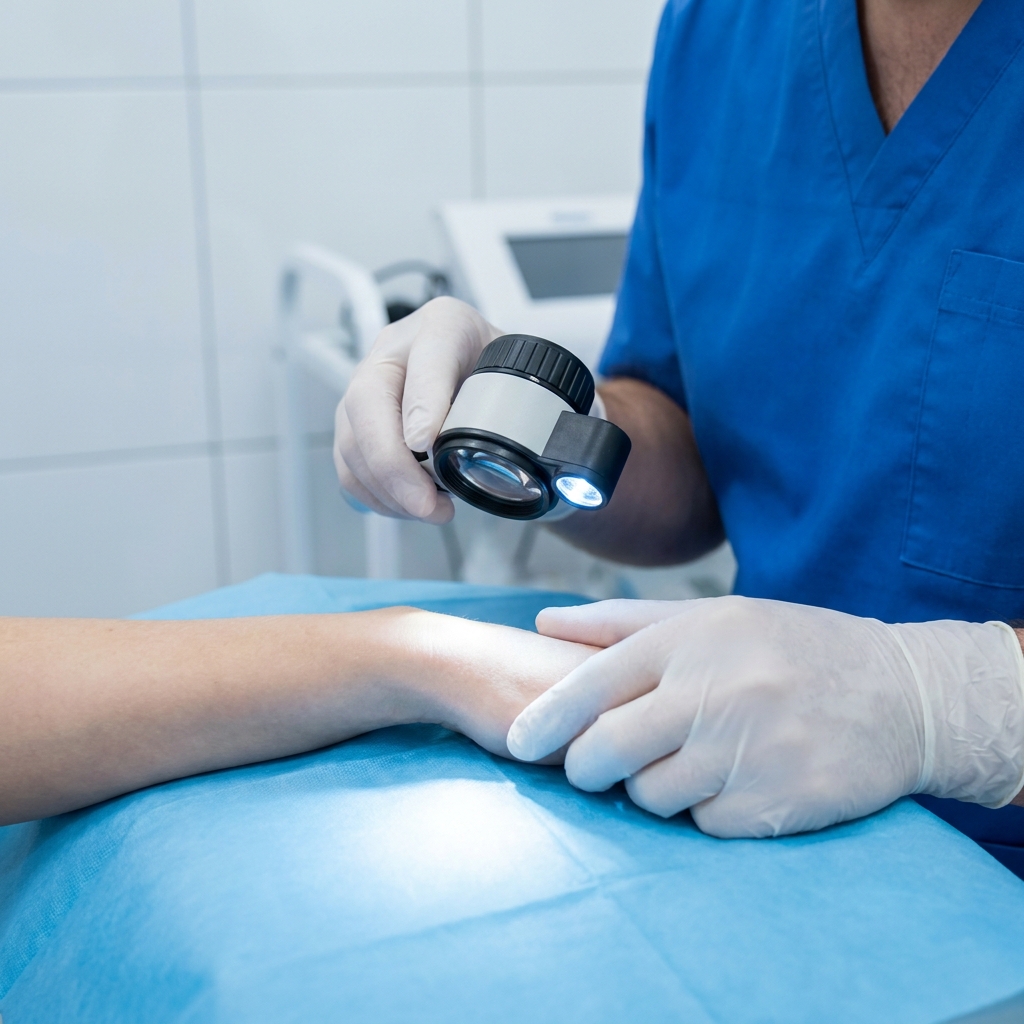 Lekarz w niebieskim fartuchu bada skórę na przedramieniu pacjenta za pomocą dermatoskopu.