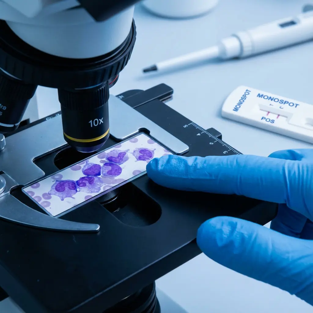 Naukowiec w niebieskiej rękawiczce bada wymaz krwi z fioletowymi leukocytami pod obiektywem 10x mikroskopu, obok pozytywny test Monospot