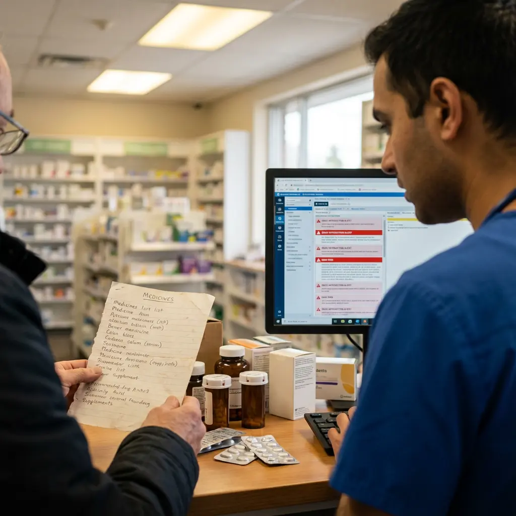 Klient z ręcznie napisaną listą leków konsultuje się z farmaceutą; ekran komputera pokazuje czerwone ostrzeżenia o interakcjach leków pośród butelek i blistrów