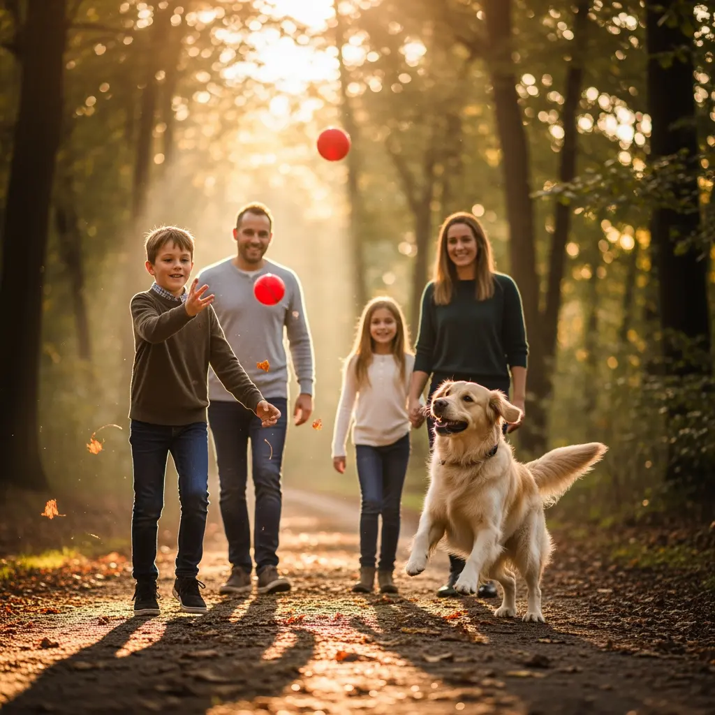 Wzruszająca rodzina czworo z golden retrieverem bawi się na nasłonecznionej jesiennej ścieżce leśnej, chłopiec rzuca czerwoną piłkę, pies skacze