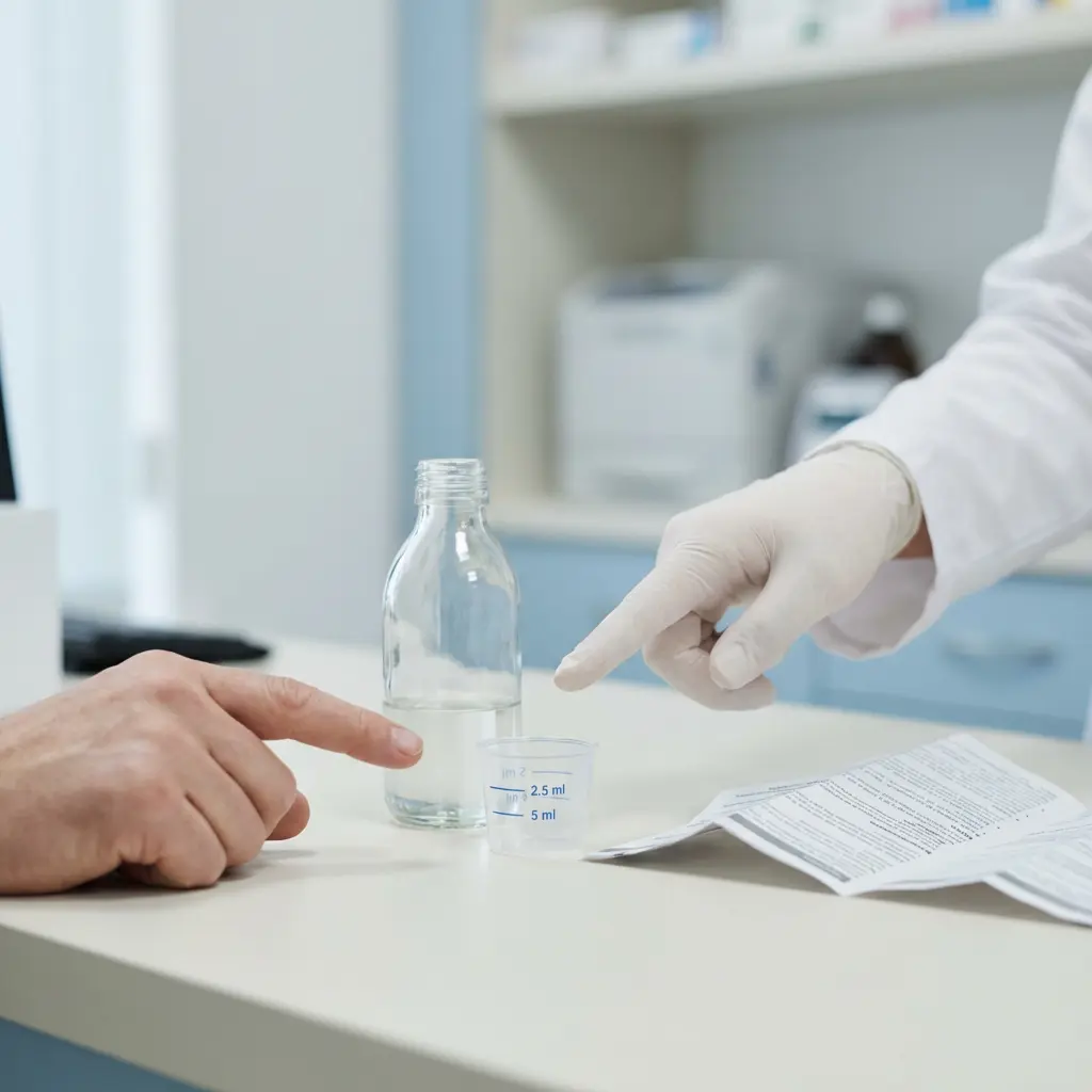 Farmaceuta w białym kitlu i rękawiczkach wskazuje na miarkę 2,5 ml i butelkę z lekiem podczas konsultacji z pacjentem przy ladzie