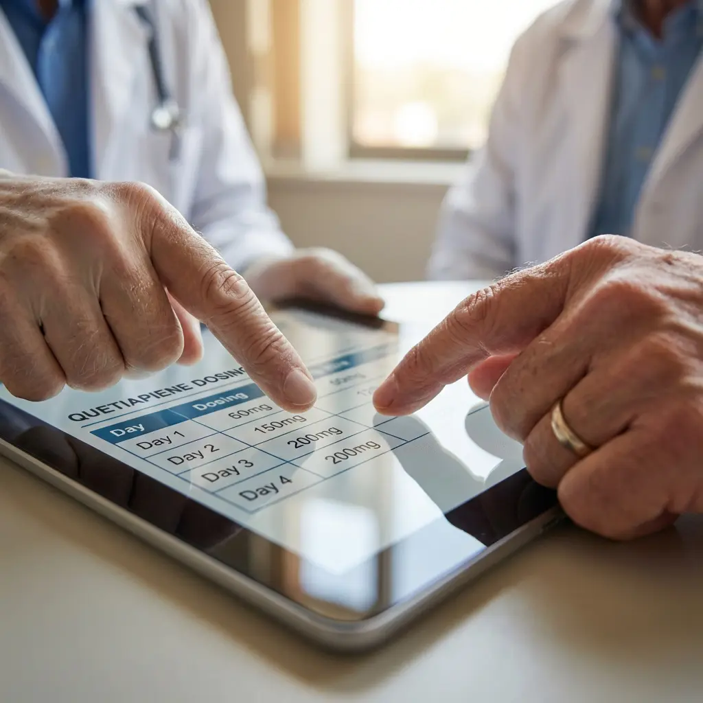 Bliski plan rąk wskazujących na tablet z harmonogramem dawkowania kwetiapiny: Dzień 1 60 mg, Dzień 2 150 mg, Dni 3-4 200 mg w konsultacji