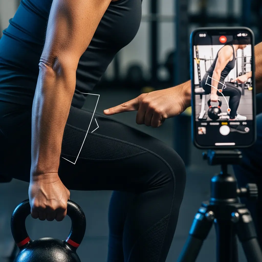 Osoba w czarnym stroju sportowym wykonuje ćwiczenie z kettlebell na siłowni; smartfon na statywie pokazuje linie śledzenia szkieletu i ręka wskazuje biodro do korekty formy.