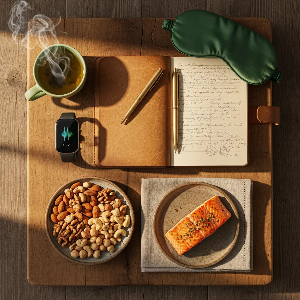 Widok z góry na rustykalny drewniany stół z przedmiotami wellness: parująca herbata, smartwatch z HRV, otwarty dziennik z długopisem, maska na oczy, miska orzechów, łosoś z ziołami