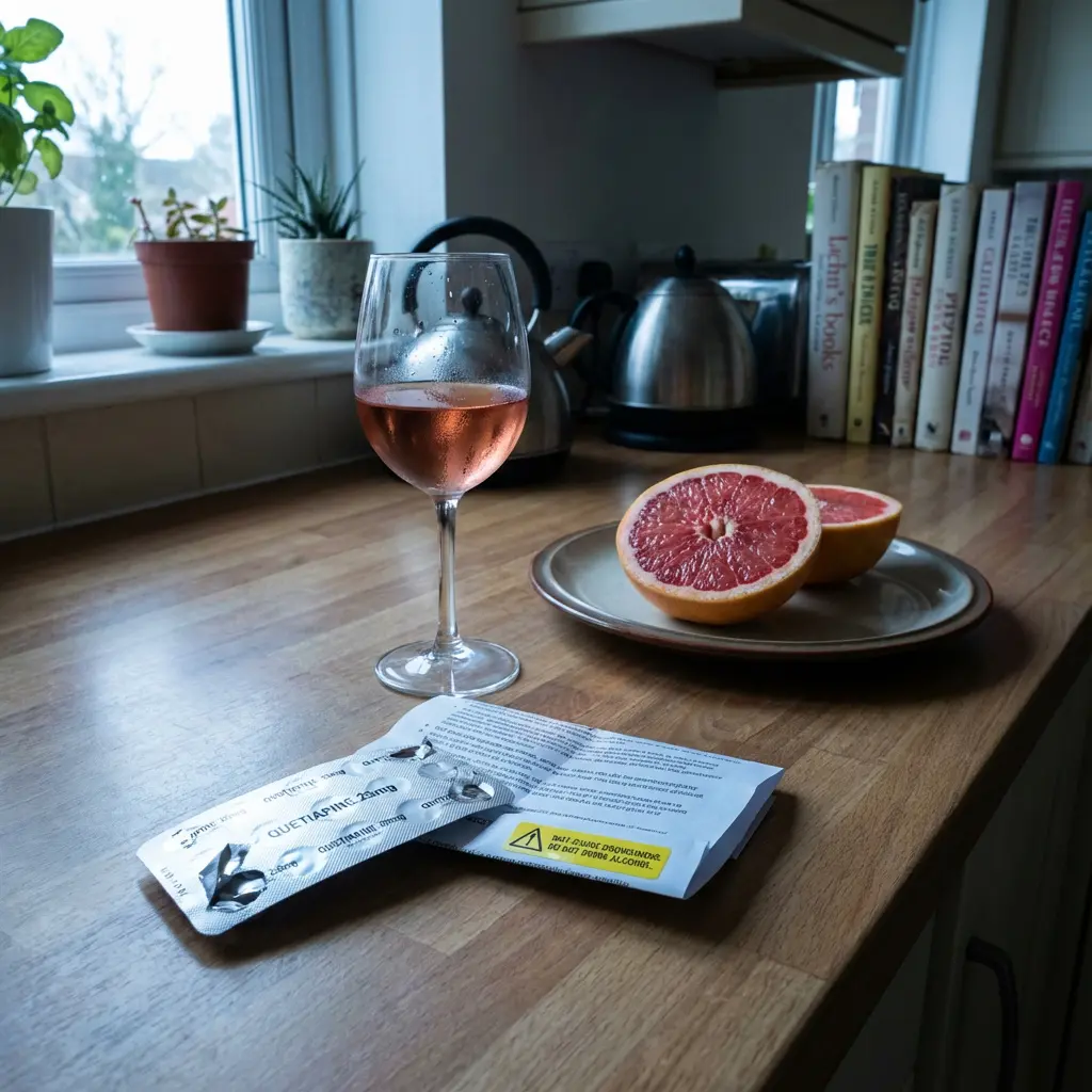 Martwa natura na ciepłym drewnianym blacie kuchennym: kieliszek wina różowego, połówki czerwonego grejpfruta, blistr kwetiapiny 25mg z ostrzeżeniem o alkoholu