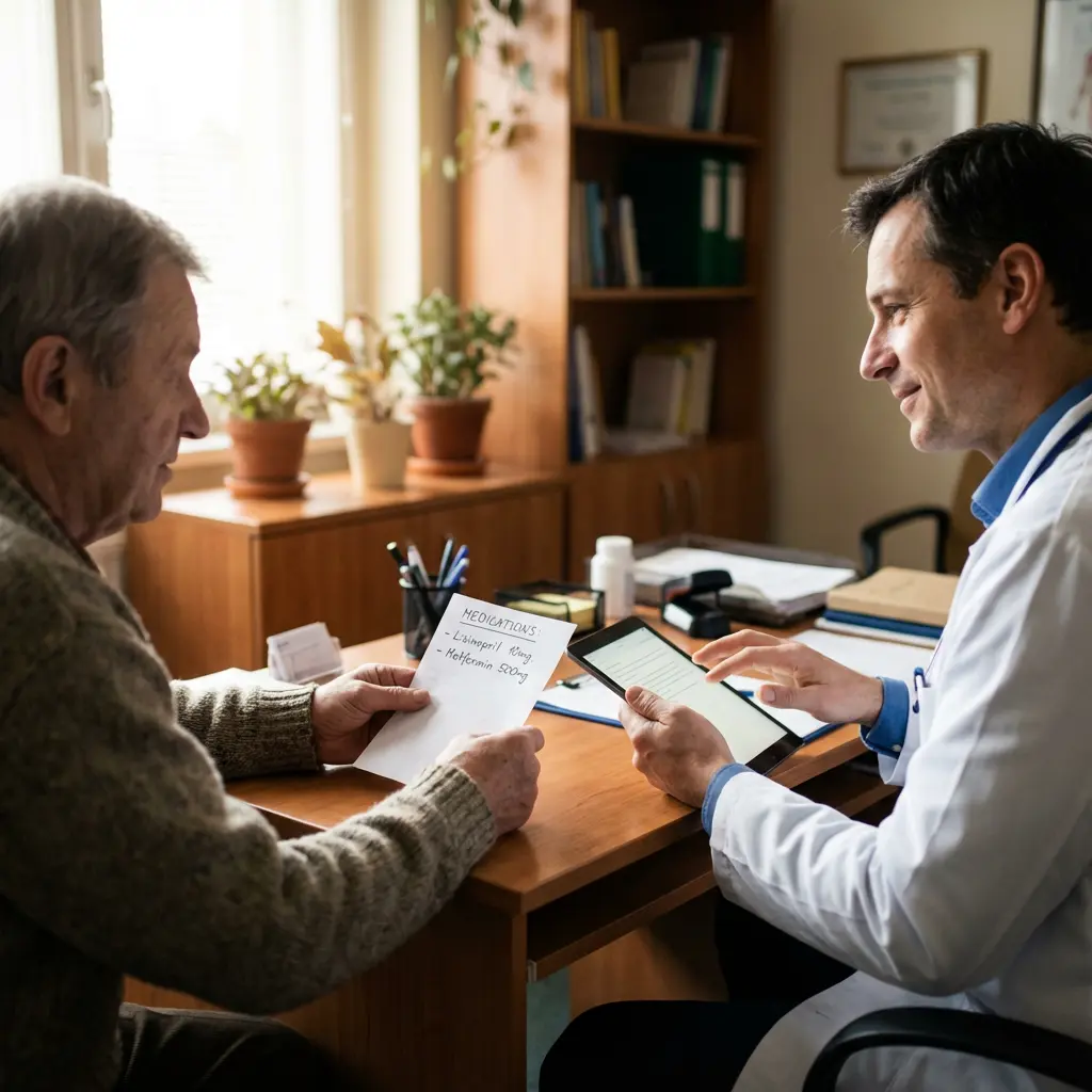 Starszy mężczyzna pacjent trzyma listę leków Lisinopril 10mg Metformina 500mg i rozmawia z lekarzem używającym tabletu w gabinecie