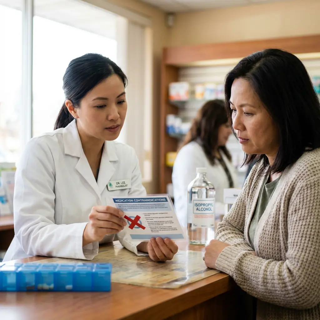 Azjatycka farmaceutka w białym kitlu wyjaśnia przeciwwskazania leków kartą z czerwonym 'X' zaniepokojonej klientce przy ladzie apteki z organizerem na tabletki