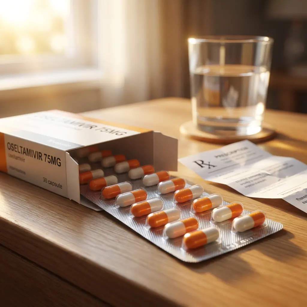 Otwarta pudełko Oseltamivir 75 mg z blistrem kapsułek, recepta z symbolem RX i szklanka wody na drewnianym stole w ciepłym naturalnym świetle