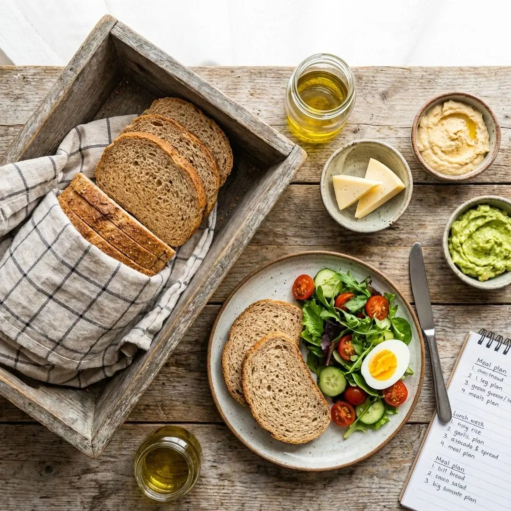 Widok z góry na zdrowy, apetyczny posiłek na rustykalnym drewnianym stole: chleb pełnoziarnisty, sałatka, jajko na twardo, hummus, guacamole, ser, oliwa
