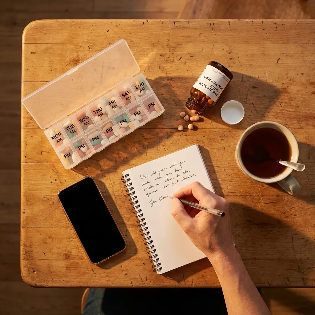 Ujęcie z góry rąk piszących w spiralnym notesie obok otwartego organizera na tabletki tygodniowego, wylane tabletki z butelki, kubek z napojem i smartfon na drewnianym stole
