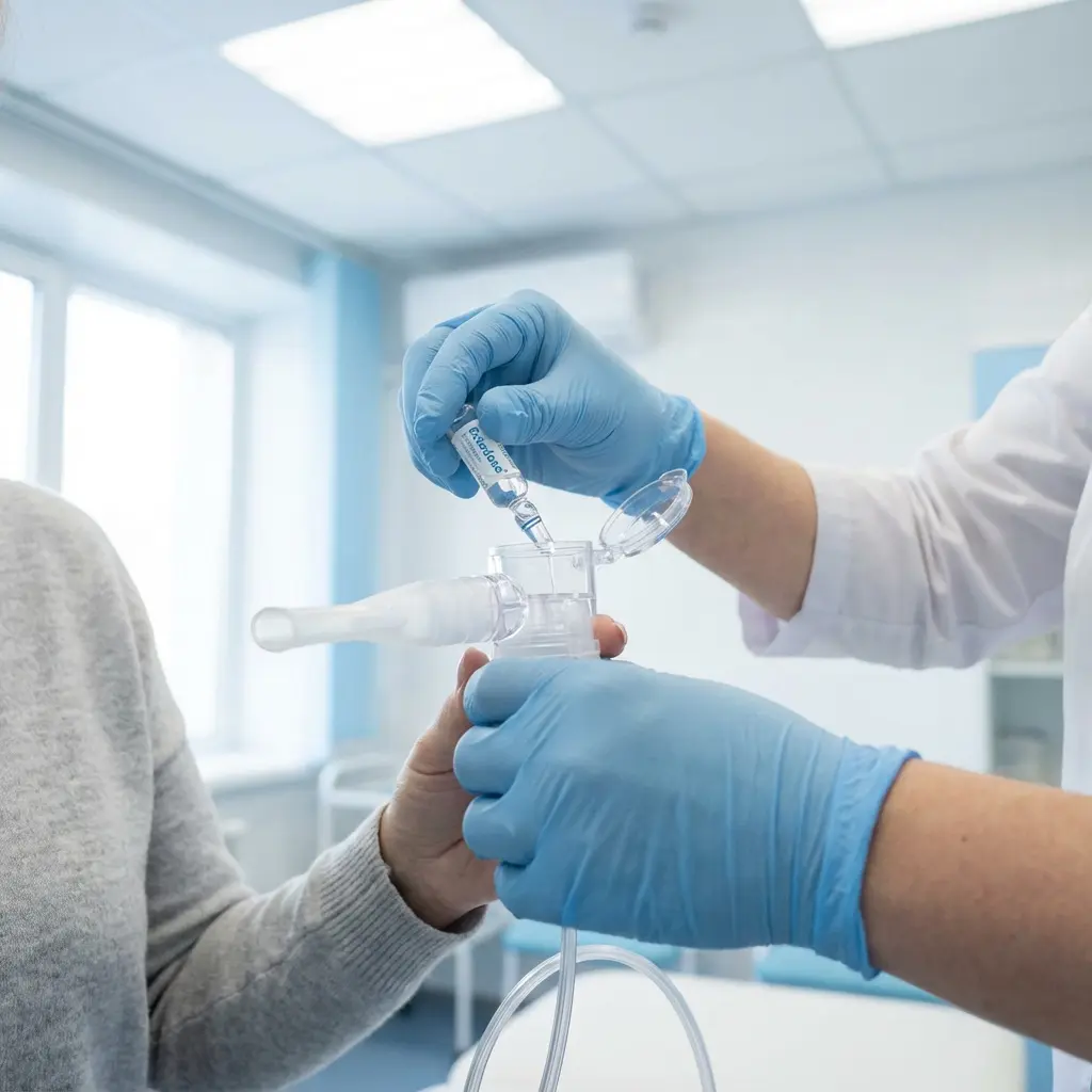 Pracownik służby zdrowia w niebieskich rękawiczkach i białym kitlu wlewa płyn 'Ectotiano' z ampułki do nebulizatora trzymanego przez pacjenta