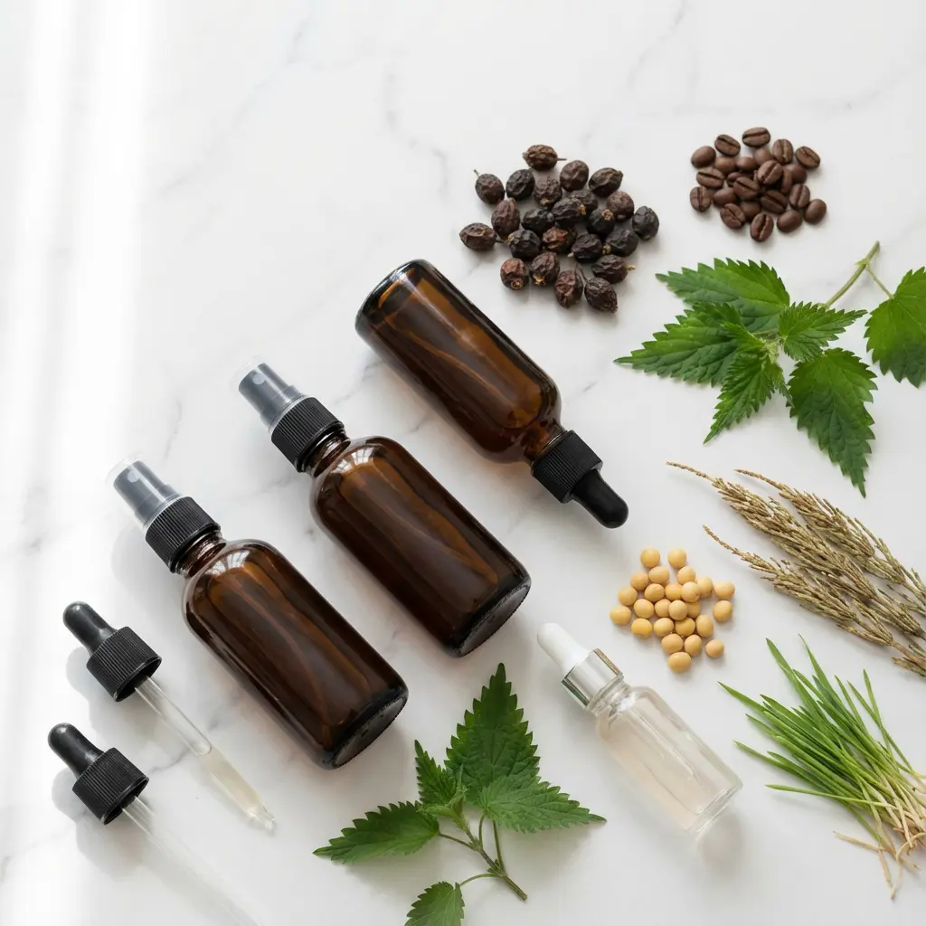 Kompozycja flat lay z naturalnych składników jak dzika róża, ziarna kawy, liście pokrzywy i bursztynowymi butelkami ze sprayem na białym marmurze do pielęgnacji skóry