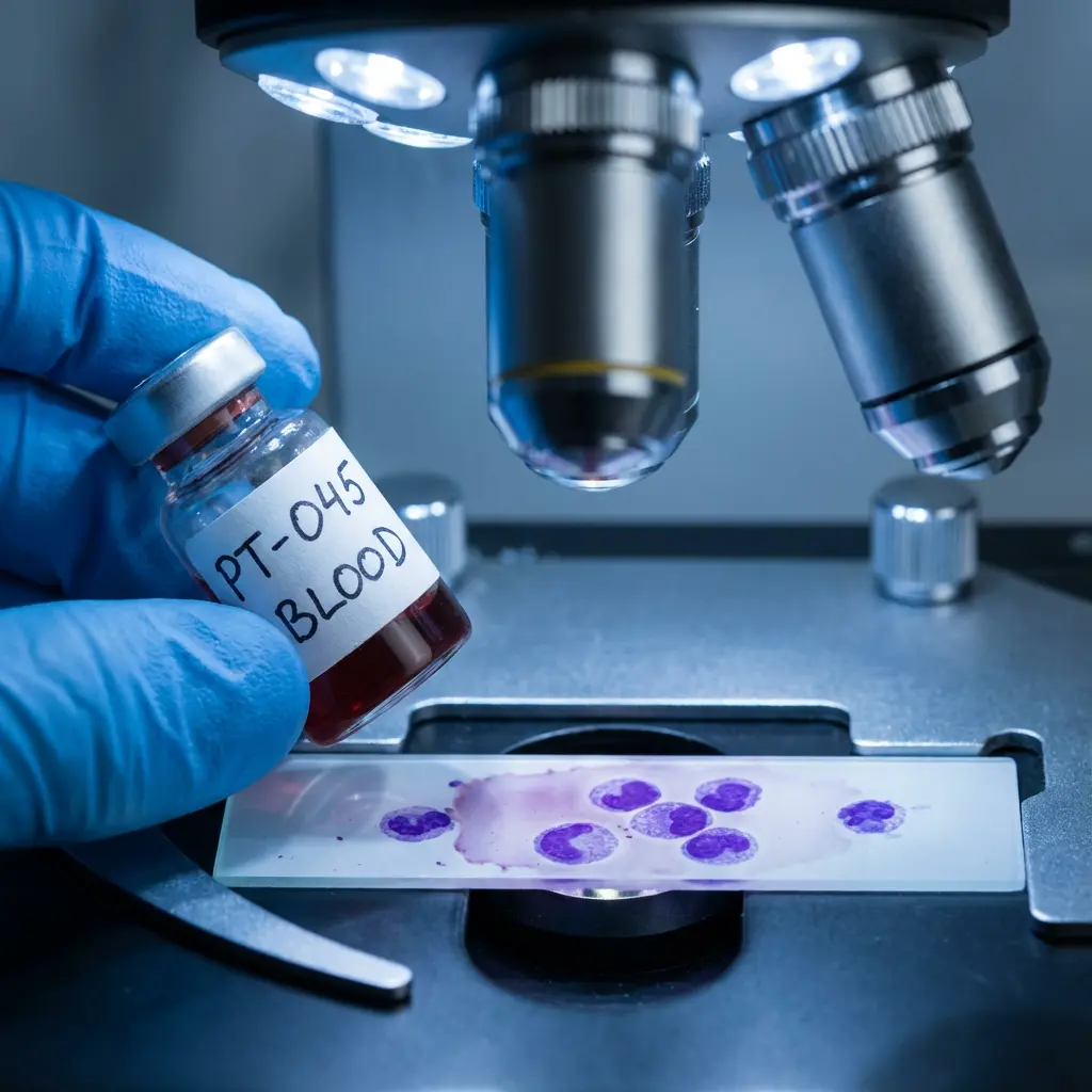 Ręka w niebieskiej rękawiczce trzyma fiolkę z próbką krwi PT-045 BLOOD nad szkiełkiem mikroskopowym z fioletowo-barwionymi komórkami krwi w laboratorium