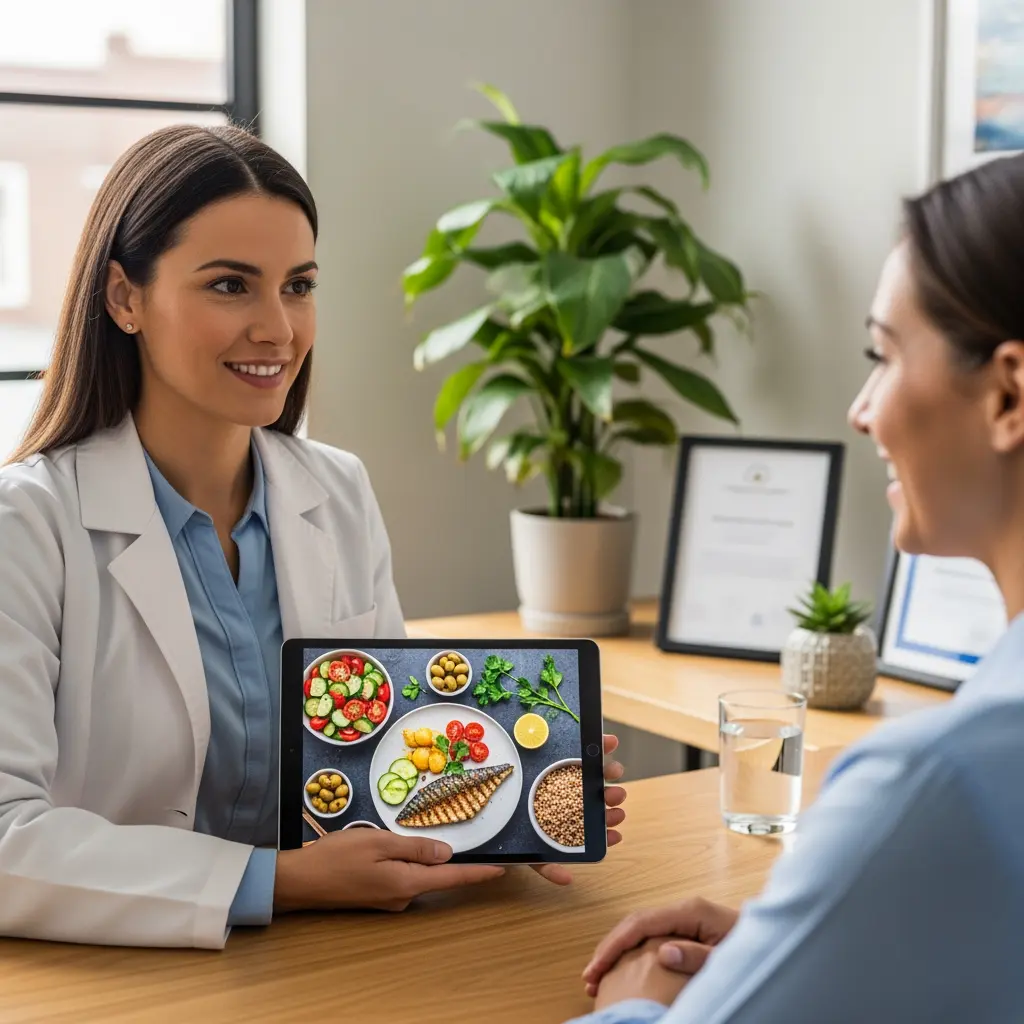 In a well-lit office or consultation room, a female nutritionist wearing a white lab coat and a blue shirt is seated at a wooden desk, smiling as she presents information on a tablet. The tablet, held horizontally, displays a vibrant and healthy meal consisting of grilled fish, a fresh salad with tomatoes and cucumbers, roasted vegetables, olives, a lemon wedge, and a bowl of grains. Facing her is a client, visible from the back and side, also smiling and engaged in the discussion, with her hands clasped on the desk next to a glass of water. The background includes a large potted plant, smaller decorative succulents, and framed certificates, creating a professional and inviting atmosphere.