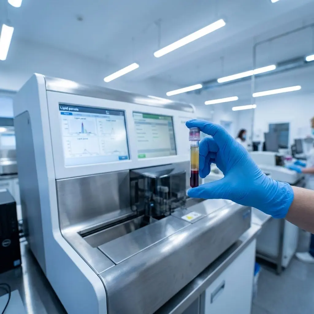 Ręka w rękawiczce trzymająca fiolkę z próbką krwi po wirowaniu z warstwą osocza obok automatu analizującego panele lipidowe w laboratorium