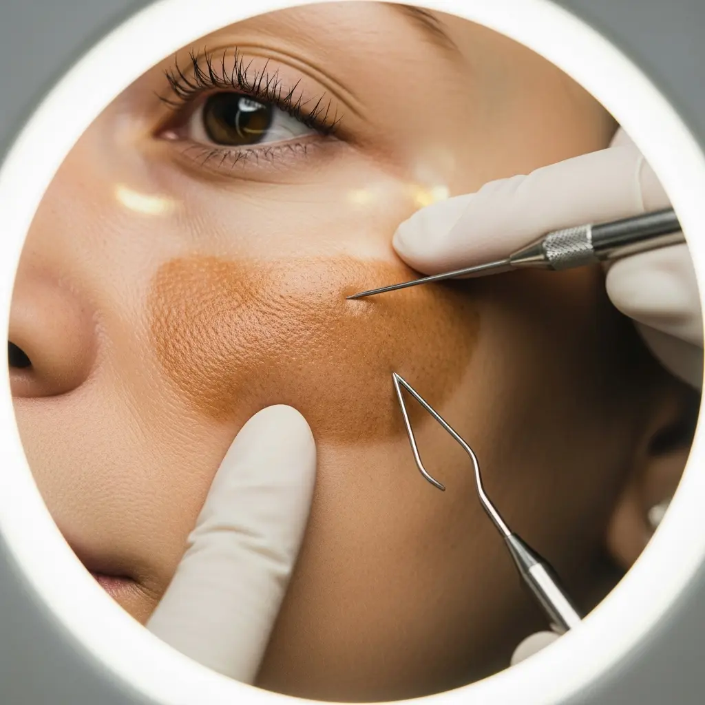 Zbliżenie zabiegu dermatologicznego leczącego zmianę barwnikową na policzku rękawicami, precyzyjnymi narzędziami i lampą powiększającą z oświetleniem pierścieniowym