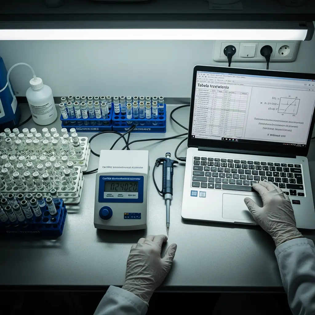 Naukowiec w kitlu laboratoryjnym i rękawicach przy uporządkowanym stole laboratoryjnym z laptopem wyświetlającym tabelę trzeźwienia, alkoholometrem na 0.24020, probówkami i mikropipetą