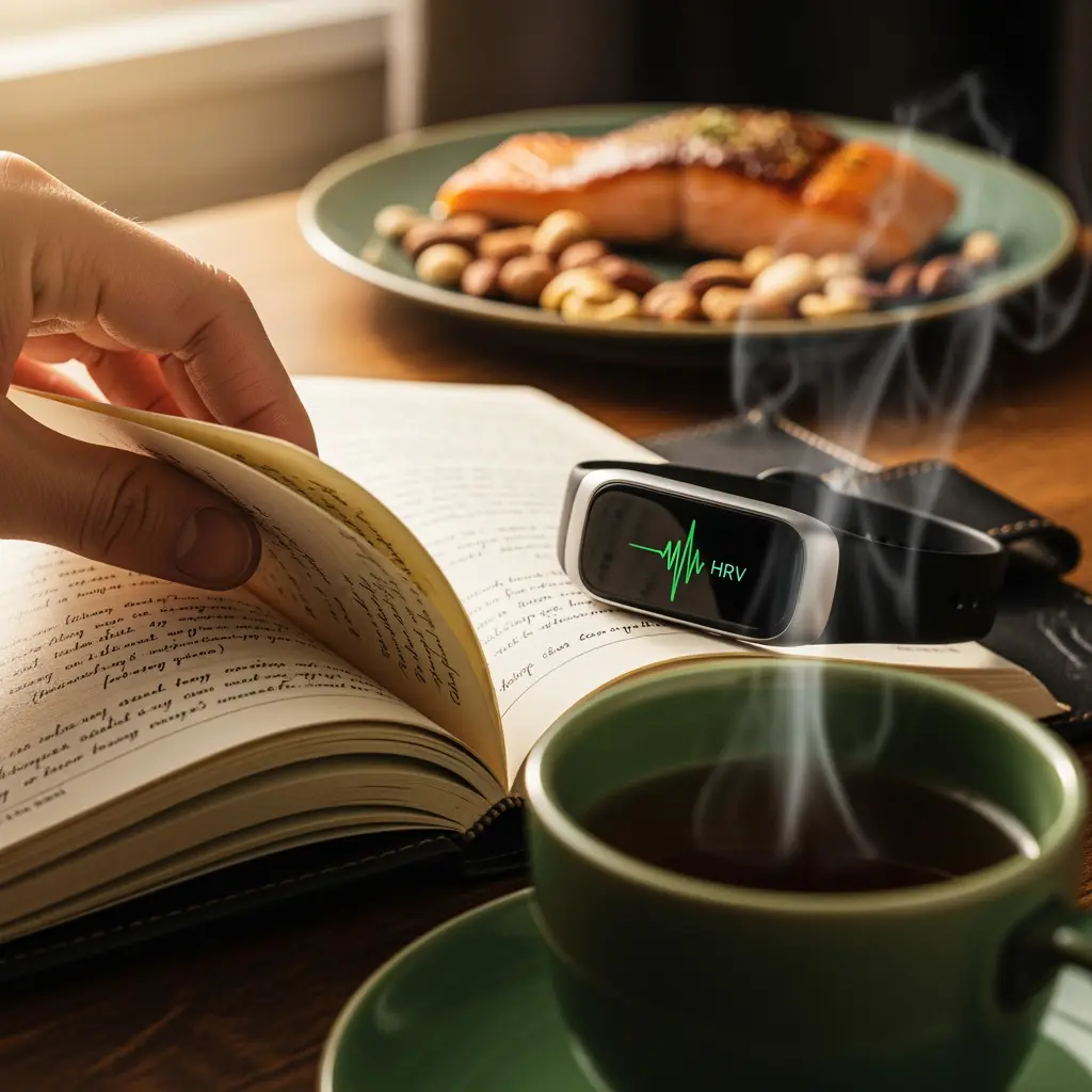 This image depicts a serene scene centered around wellness and mindful living. In the foreground, a person's hand is gently turning a page of an open journal filled with handwritten notes, suggesting introspection or learning. Alongside the journal, a sleek fitness tracker prominently displays a green heart rate variability (HRV) graph, highlighting personal health monitoring. A steaming cup of tea or coffee on a green saucer adds to the ambiance of warmth and relaxation. In the background, a plate holds a healthy meal consisting of grilled salmon and a pile of mixed nuts, emphasizing nutritious eating habits.