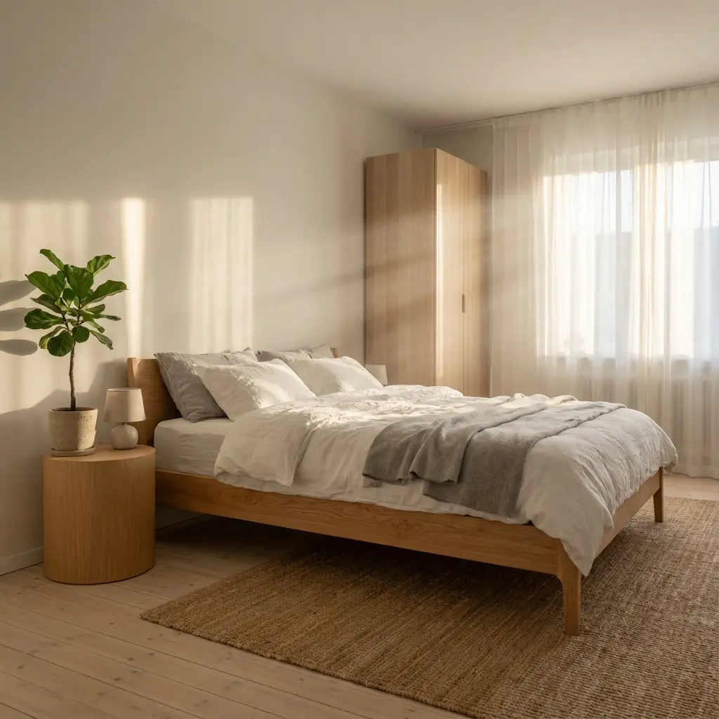 Spokojna minimalistyczna sypialnia oświetlona ciepłym naturalnym światłem, z jasnym drewnianym ramą łóżka, białą pościelą, stolikiem nocnym z figą skrzypcową i szafą