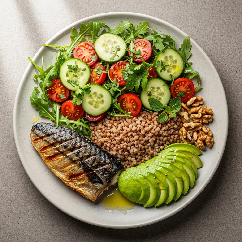 This image captures a beautifully arranged and healthy meal served on a light grey plate. A perfectly grilled fillet of fish, likely mackerel due to its distinct skin pattern, sits at the bottom left, showing inviting grill marks. Alongside it, a generous portion of cooked buckwheat provides a wholesome grain component. The upper part of the plate is filled with a vibrant salad made from fresh arugula, halved cherry tomatoes, and slices of cucumber, garnished with fresh herbs like parsley and a mint or oregano leaf. Slices of creamy avocado are fanned out next to the fish, and a scattering of walnuts adds a crunchy texture and healthy fats to complete this well-balanced and appetizing dish.