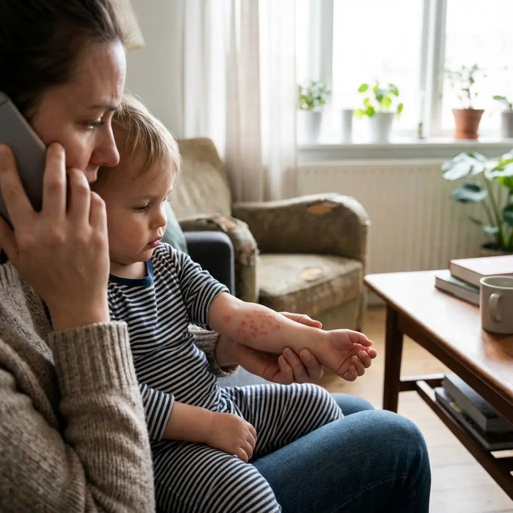 This image captures a concerned mother on the phone, holding a young child on her lap in what appears to be a cozy living room. The most prominent detail is the child's left forearm, which is covered in numerous red, raised spots or a rash, drawing the mother's attention and likely the subject of her phone call. She is wearing a textured sweater and jeans, while the toddler is dressed in blue and white striped pajamas. In the background, there's a window with potted plants, worn upholstered armchairs, and a wooden coffee table with books and a mug, contributing to a domestic yet worried atmosphere.
<p>Keywords: Mother, child, toddler, rash, skin condition, red spots, concerned, phone call, medical advice, living room, domestic, worried, parent, child health, armchair, window, plants, consultation, distress, care."></p>
<p>Nawet prawidłowo stosowany lek może wywołać działania niepożądane – choć nie u każdej osoby. W przypadku ibuprofenu część objawów ma łagodny charakter, ale istnieją też sygnały wymagające natychmiastowej reakcji. Poniżej omawiamy najważniejsze <strong>ibuprom skutki uboczne</strong> i sytuacje, w których nie warto czekać.</p>
<h3 id=