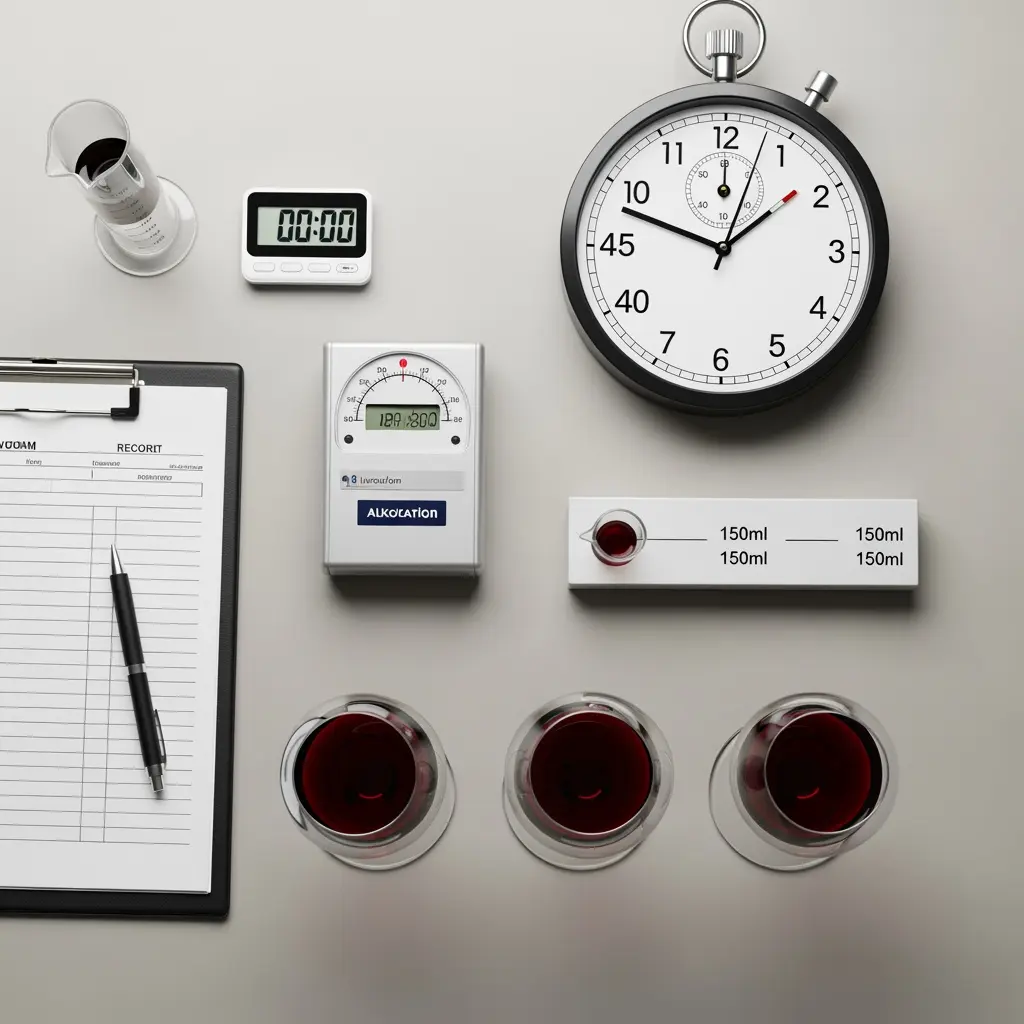 The image provides a clean, top-down perspective of various items meticulously arranged on a light grey surface, suggesting a scientific experiment or controlled measurement setup. In the upper left, a measuring cylinder containing a dark liquid sits beside a digital timer displaying '00:00,' while a large analog stopwatch with a black rim dominates the upper right. Centrally placed is a white device labeled 'ALKOTATION' featuring both an analog gauge and a digital readout of '189:800,' likely for analyzing substances like alcohol. A clipboard with a pen rests on the bottom left, complementing a white rectangular tray marked with '150ml' several times and three wine glasses filled with red liquid, neatly positioned on the bottom right.
<p>Experiment, measurement, laboratory setup, alcohol, wine glasses, stopwatch, digital timer, measuring cylinder, ALKOTATION device, clipboard, pen, red liquid, controlled environment, top-down view, scientific tools, drink analysis, quantitative, consumption, dosage, grey background."><table><thead><tr><th>Ilość i rodzaj wina (12% ABV)</th><th>Kobieta (65 kg) - Szacowane ‰ i czas do 0,0‰</th><th>Mężczyzna (85 kg) - Szacowane ‰ i czas do 0,0‰</th></tr></thead><tbody><tr><td><strong>1 lampka wina (150 ml)</strong></td><td>~0,31‰ / około 3 godziny</td><td>~0,21‰ / około 2 godziny</td></tr><tr><td><strong>2 lampki wina (300 ml)</strong></td><td>~0,62‰ / około 5-6 godzin</td><td>~0,42‰ / około 4 godziny</td></tr><tr><td><strong>Butelka wina (750 ml)</strong></td><td>~1,55‰ / około 12-15 godzin</td><td>~1,05‰ / około 9-10 godzin</td></tr></tbody></table><p>Jak widać, przekroczenie dopuszczalnego w Polsce poziomu 0,2‰ jest bardzo łatwe. W przypadku kobiety o przeciętnej masie ciała już jedna standardowa lampka wina może skutkować wynikami uniemożliwiającymi legalne prowadzenie pojazdu. Nawet u mężczyzn stężenie alkoholu zbliża się do granic błędu pomiarowego i dopuszczalnego limitu prawnego.</p><hr /><p><em>Disclaimer:</em> <em>Powyższe dane są symulacją opartą na wzorze Widmarka i mają charakter wyłącznie informacyjny. Nie mogą być stosowane jako podstawa do decyzji o prowadzeniu pojazdu. Rzeczywiste wartości mogą się różnić w zależności od indywidualnych cech organizmu i okoliczności spożycia.</em></p><h2 id=