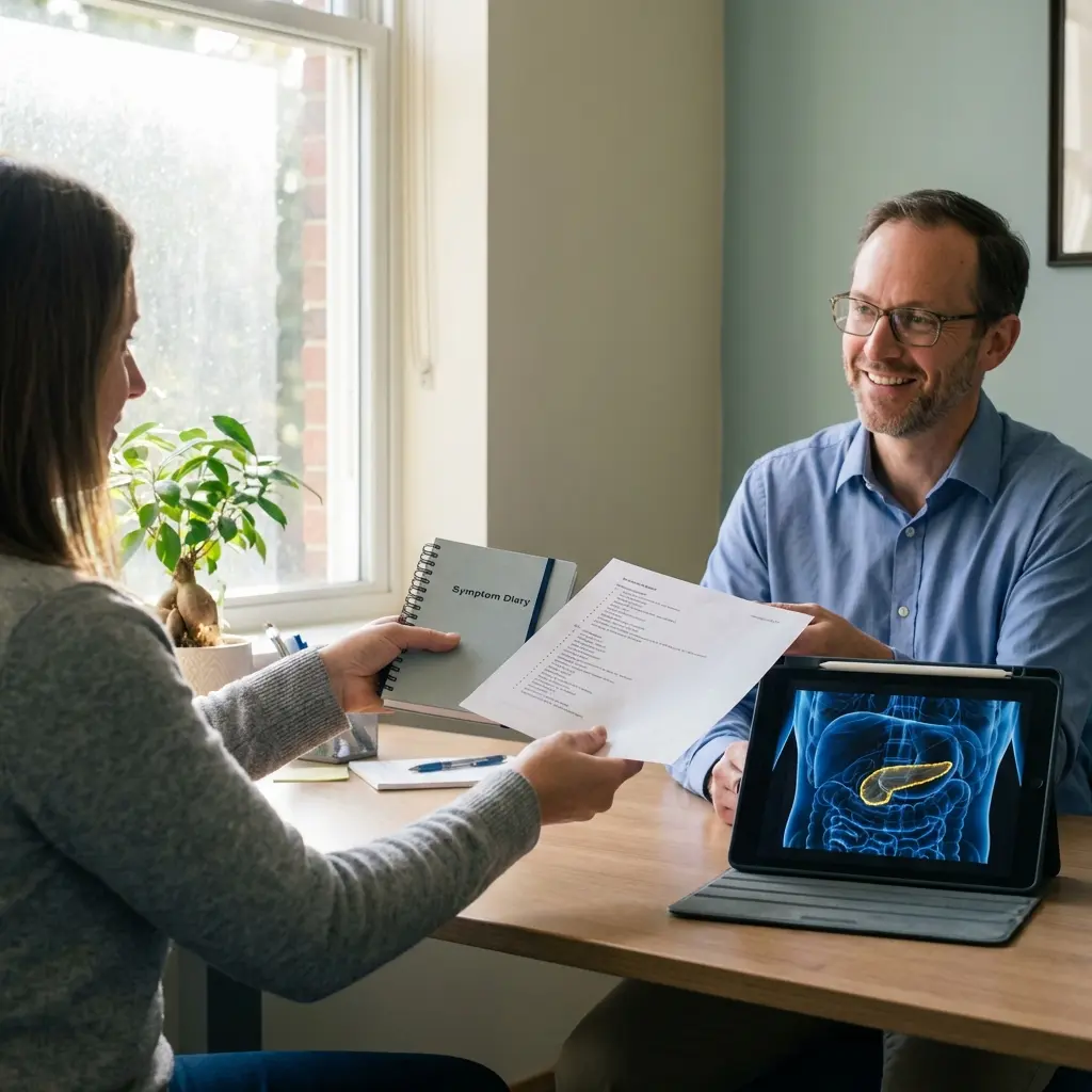 Kobieta podaje dziennik objawów i dokument uśmiechniętemu lekarzowi oglądającemu model 3D trzustki na tablecie podczas konsultacji w biurze