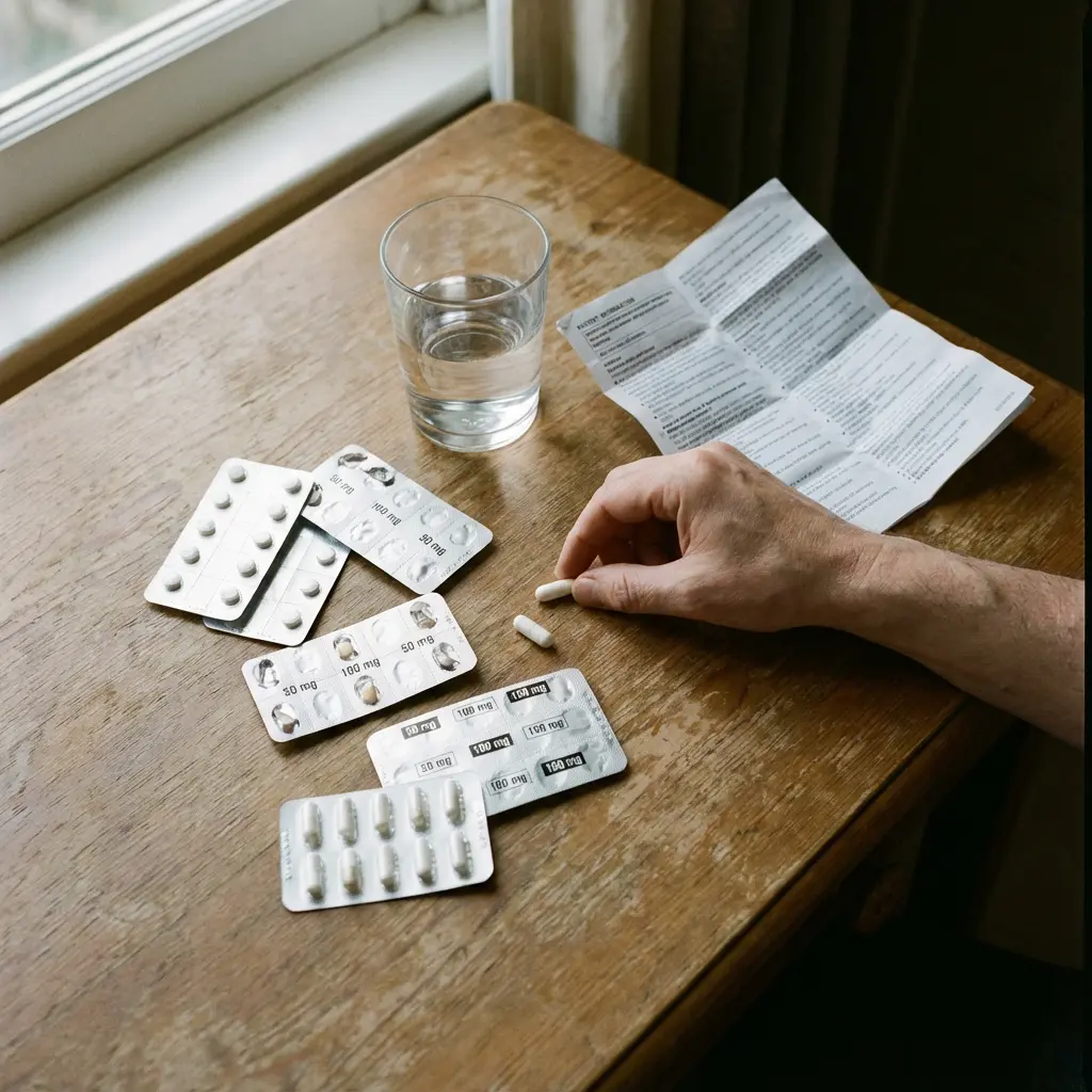 Bliski plan ręki sięgającej po białą kapsułkę na rustykalnym drewnianym stole z blisterami tabletek 50 mg, 90 mg, 100 mg, 150 mg, szklanką wody i ulotką