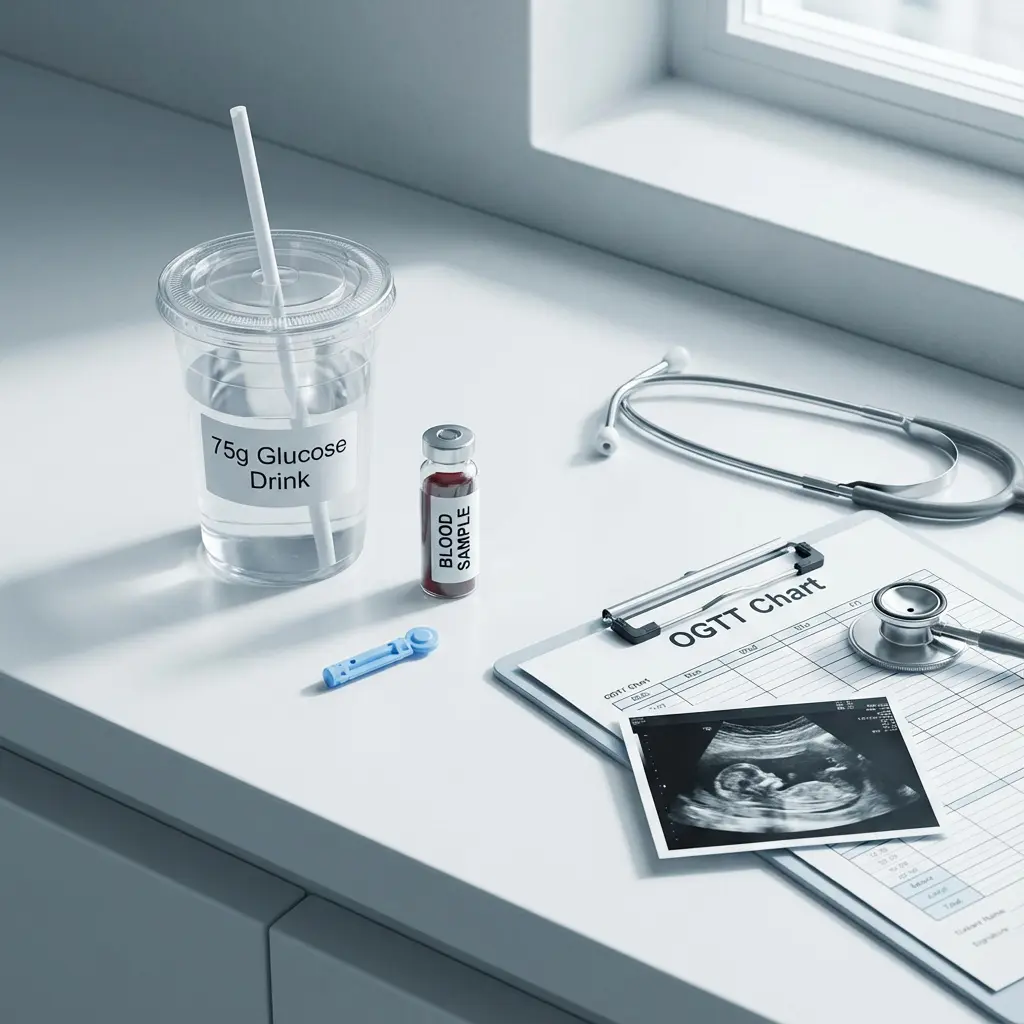 Zestaw do badań cukrzycy ciążowej OGTT: napój glukozowy 75g, próbka krwi, lancet, stetoskop na karcie OGTT, USG płodu