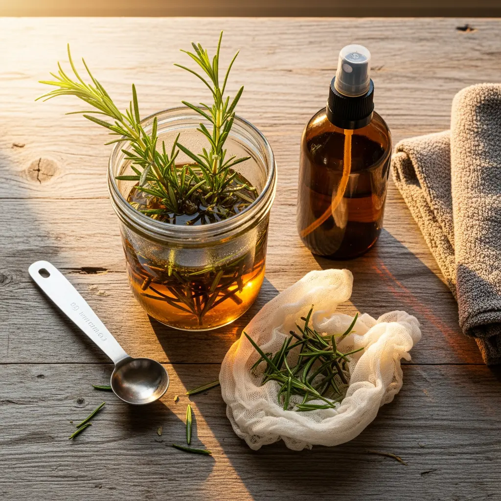 Rustykalna drewniana powierzchnia z słoikiem szklanym złotego naparu rozmarynowego, bursztynową butelką spray, ręcznikami, woreczkiem z gazą i łyżką miarową w ciepłym słońcu