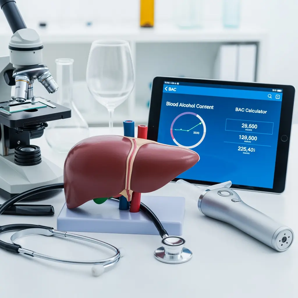 Realistyczny model anatomiczny ludzkiej wątroby ze stetoskopem, mikroskopem, tabletem z kalkulatorem BAC, alkomatem i kieliszkiem wina w laboratorium medycznym